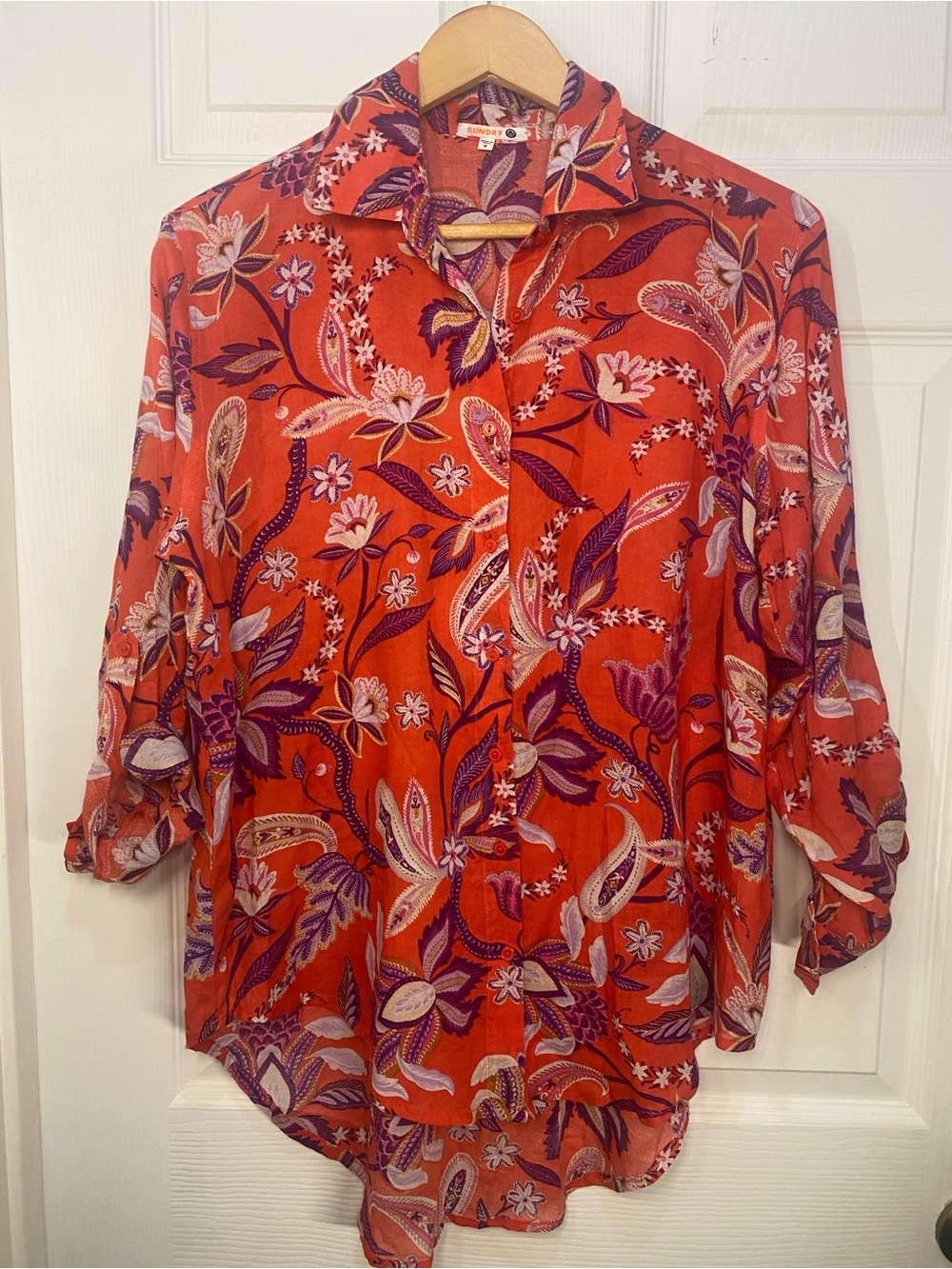 Anthropologie Sundry Red Orange Floral Button-Down Shirt w Purple & Pink Accents